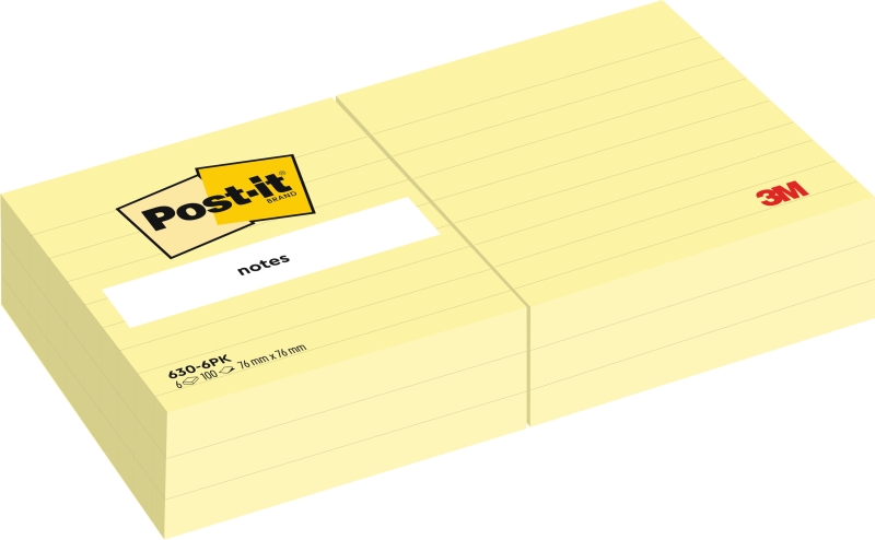 Post-It Confezione da 6 blocchi da 100 foglietti - a righe - 76x76 mm - 100% PEFC - Colore Giallo Chiaro