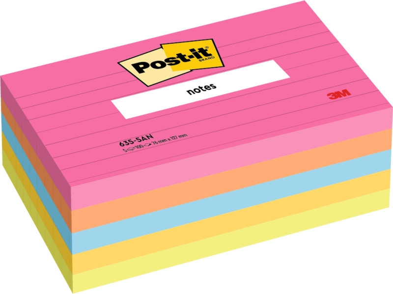 Post-It Confezione da 5 blocchi da 100 foglietti adesivi riposizionabili - a righe - 76x127 mm - 100% PEFC - Colori assortiti