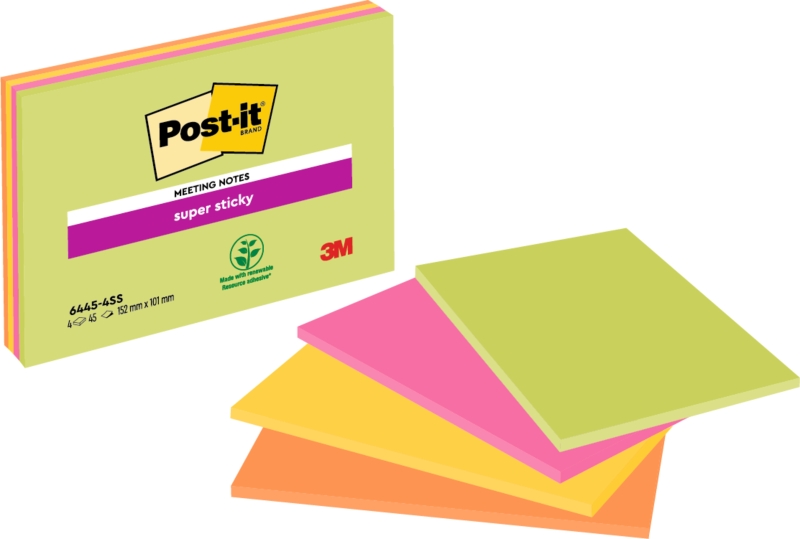 Post-It Super Sticky Confezione da 4 blocchi da 45 foglietti adesivi riposizionabili - Forma rettangolare - 101x152 mm - Colori assortiti