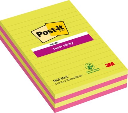 Post-It Super Sticky Confezione da 4 blocchi da 45 foglietti adesivi riposizionabili grandi - con righe - 100% PEFC - Colori assortiti