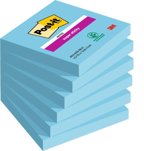 Post-It Super Sticky Confezione da 6 blocchi da 90 foglietti adesivi riposizionabili - Forma quadrata - 76x76 mm - Colore blu