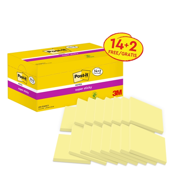 Post-It Super Sticky Confezione da 16 blocchi da 90 foglietti adesivi riposizionabili - Forma quadrata - 76x76 mm - Colore giallo chiaro