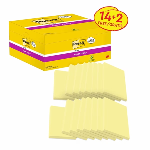 Post-It Super Sticky Confezione da 16 blocchi da 90 foglietti adesivi riposizionabili - Forma rettangolare - 76x127 mm - Colore giallo chiaro