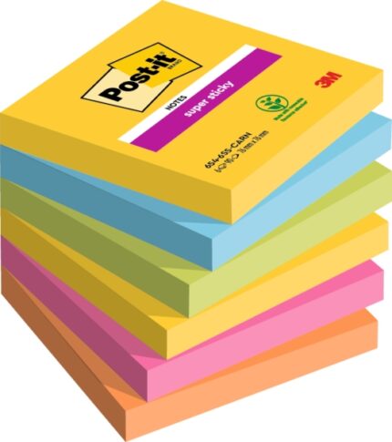 Post-It Super Sticky Confezione da 6 blocchi da 90 foglietti adesivi riposizionabili - Forma quadrata - 76x76 mm - Colori assortiti