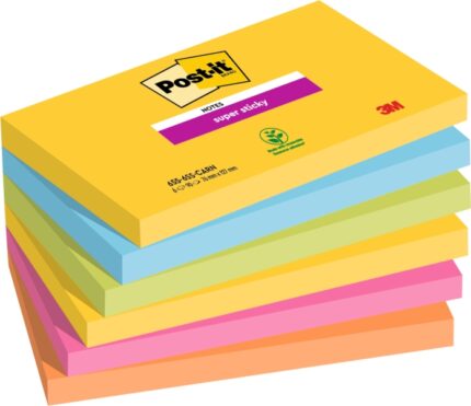 Post-It Super Sticky Confezione da 6 blocchi da 90 foglietti adesivi riposizionabili - Forma rettangolare - Colori assortiti