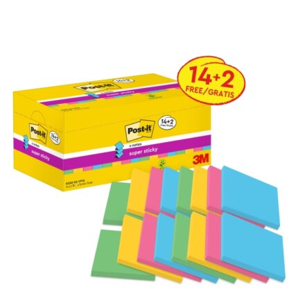 Post-It Super Sticky Confezione da 16 blocchi da 90 foglietti adesivi riposizionabili - Forma quadrata - 76x76 mm - a zig-zag - Colori assortiti