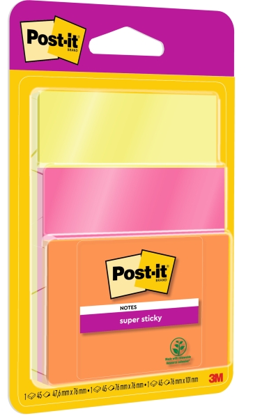 Post-It Super Sticky Confezione da 3 blocchi da 45 foglietti adesivi riposizionabili - Forma quadrata - Colori assortiti