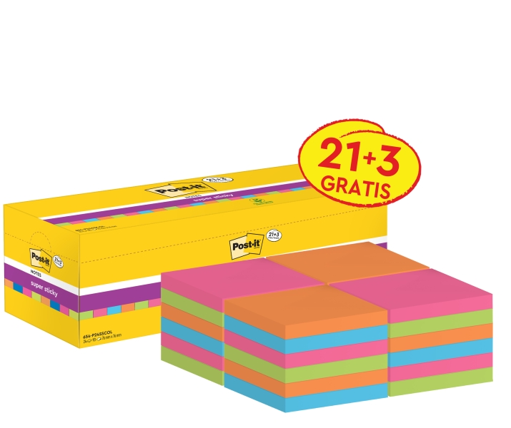 Post-It Super Sticky Confezione da 24 blocchi da 90 foglietti adesivi riposizionabili - 76x76 mm - Promozione 21 blocchi + 3 in omaggio - Colori assortiti