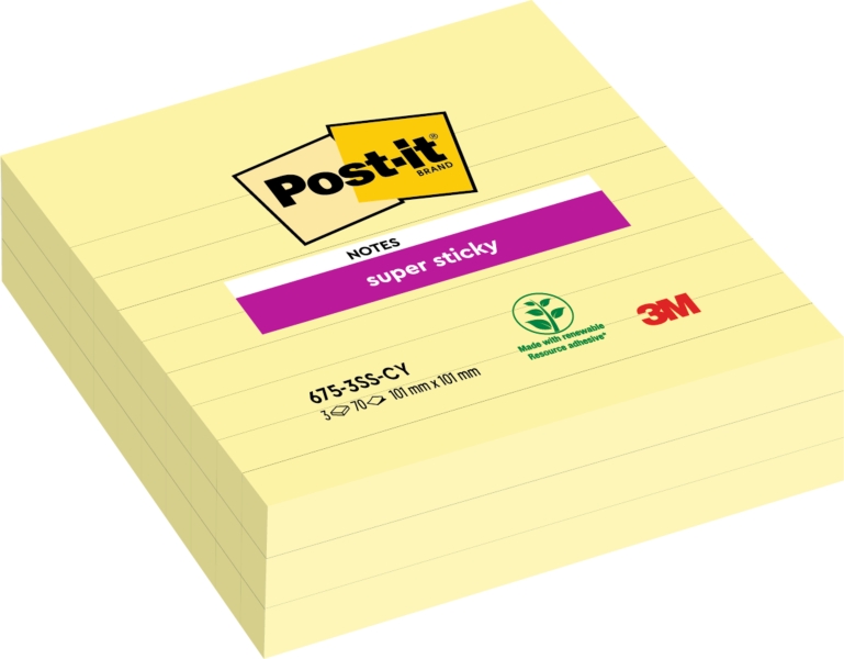 Post-It Super Sticky Confezione da 3 blocchi da 70 foglietti adesivi riposizionabili grandi - 101x101 mm - Colore giallo chiaro