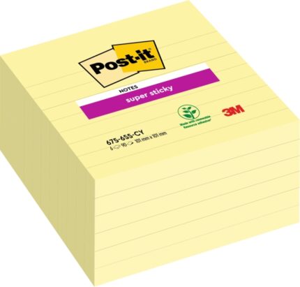 Post-It Super Sticky Confezione da 6 blocchi da 90 foglietti adesivi riposizionabili grandi - 101x101 mm - Colore giallo chiaro