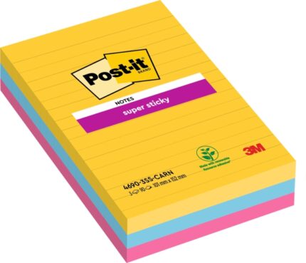 Post-It Super Sticky Confezione da 3 blocchi da 90 foglietti adesivi riposizionabili - Forma rettangolare - 101x152 mm - Colori assortiti