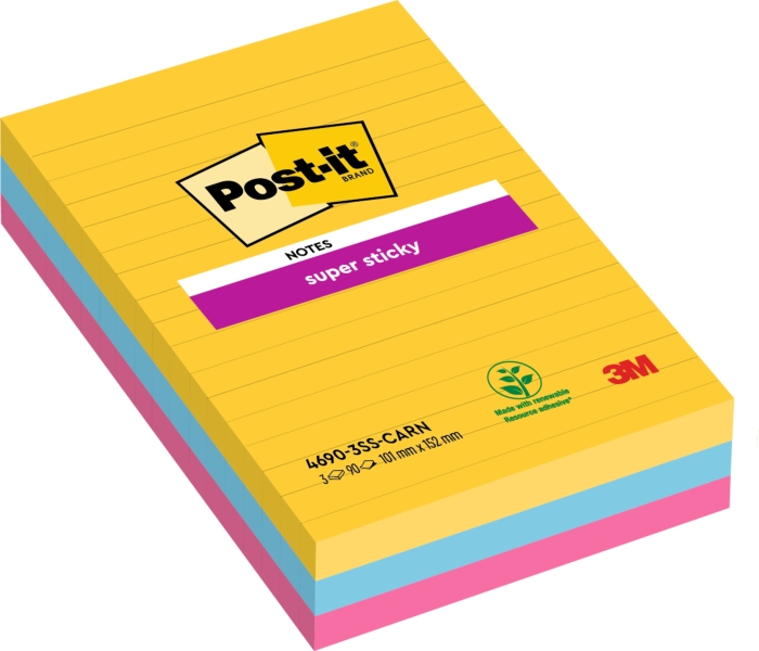 Post-It Super Sticky Confezione da 3 blocchi da 90 foglietti adesivi riposizionabili - Forma rettangolare - 101x152 mm - Colori assortiti