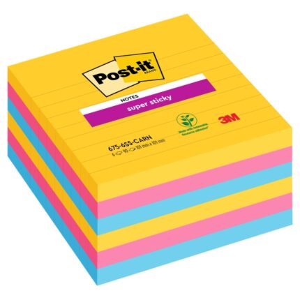Post-It Super Sticky Confezione da 6 blocchi da 90 foglietti adesivi riposizionabili - Forma quadrata - 101x101 mm - Colori assortiti