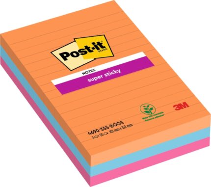 Post-It Super Sticky Confezione da 3 blocchi da 90 foglietti adesivi riposizionabili - Forma rettangolare - 101x101 mm - Colori assortiti