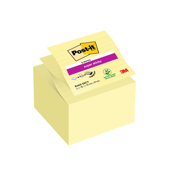 Post-It Super Sticky Confezione da 5 blocchi da 90 Z-Note grandi adesive riposizionabili Z-Note grandi - con righe - Colore giallo chiaro