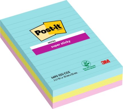 Post-It Super Sticky Confezione da 3 blocchi da 90 foglietti adesivi riposizionabili - Forma rettangolare - 101x152 mm - Colori assortiti