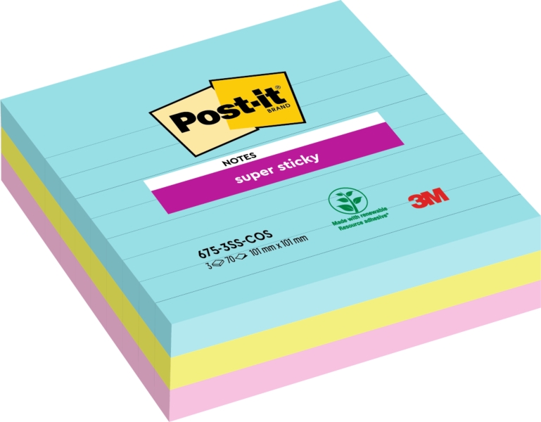 Post-It Super Sticky Confezione da 3 blocchi da 70 foglietti adesivi riposizionabili - Forma quadrata - 101x101 mm - Colori assortiti