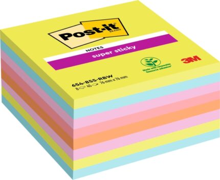 Post-It Super Sticky Confezione da 8 blocchi da 45 foglietti adesivi riposizionabili - 76x76 mm - 100% PEFC - Colori assortiti
