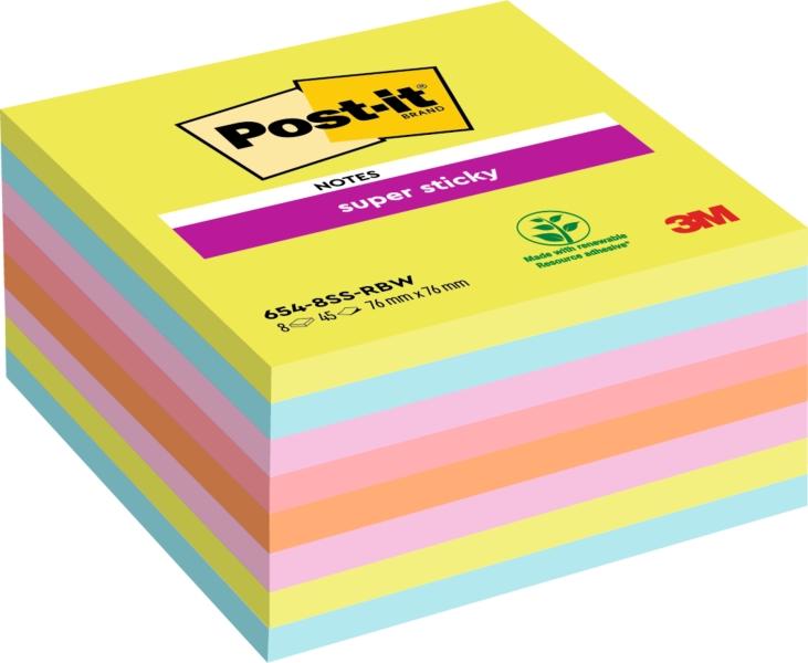 Post-It Super Sticky Confezione da 8 blocchi da 45 foglietti adesivi riposizionabili - 76x76 mm - 100% PEFC - Colori assortiti