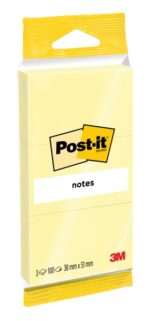 Confezione Post-It da 3 blocchi da 100 foglietti adesivi riposizionabili - 38x51 mm - 100% PEFC - Colore giallo chiaro