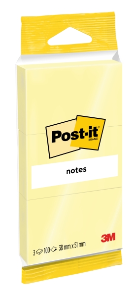 Confezione Post-It da 3 blocchi da 100 foglietti adesivi riposizionabili - 38x51 mm - 100% PEFC - Colore giallo chiaro