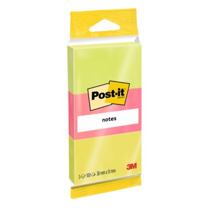 Confezione Post-It da 3 blocchi da 100 foglietti adesivi riposizionabili - Forma rettangolare - 38 x 51 mm - Colori assortiti