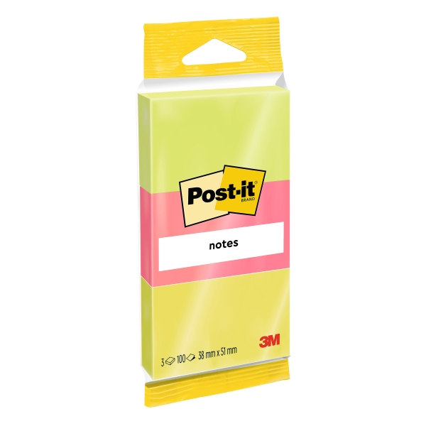 Confezione Post-It da 3 blocchi da 100 foglietti adesivi riposizionabili - Forma rettangolare - 38 x 51 mm - Colori assortiti