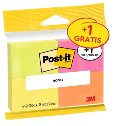 Confezione Post-It da 4 blocchi da 100 foglietti adesivi riposizionabili - Colori neon - 38x51 mm - Offerta 3 blocchi + 1 in omaggio - Colori assortiti