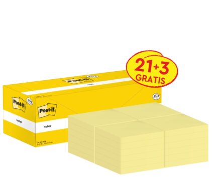 Confezione Post-It da 24 blocchi da 100 foglietti adesivi riposizionabili - Forma quadrata - 76 x 76 mm - Colore giallo chiaro