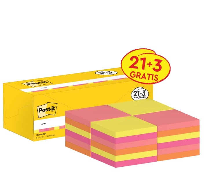 Post-It Confezione da 24 blocchi da 100 foglietti adesivi riposizionabili - Forma quadrata - 76x76 mm - Colori assortiti