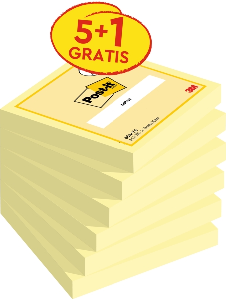 Confezione Post-It da 6 blocchi da 100 foglietti adesivi riposizionabili - 76x76 mm - Offerta 5 blocchi + 1 in omaggio - Colore giallo chiaro