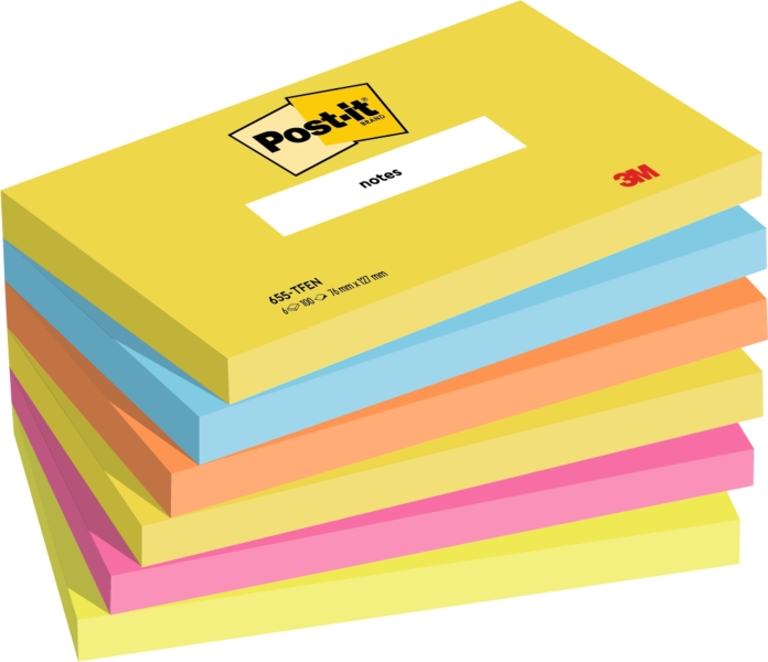 Confezione Post-It da 6 blocchi da 100 foglietti adesivi riposizionabili - Forma rettangolare - 76x127 mm - Colori assortiti