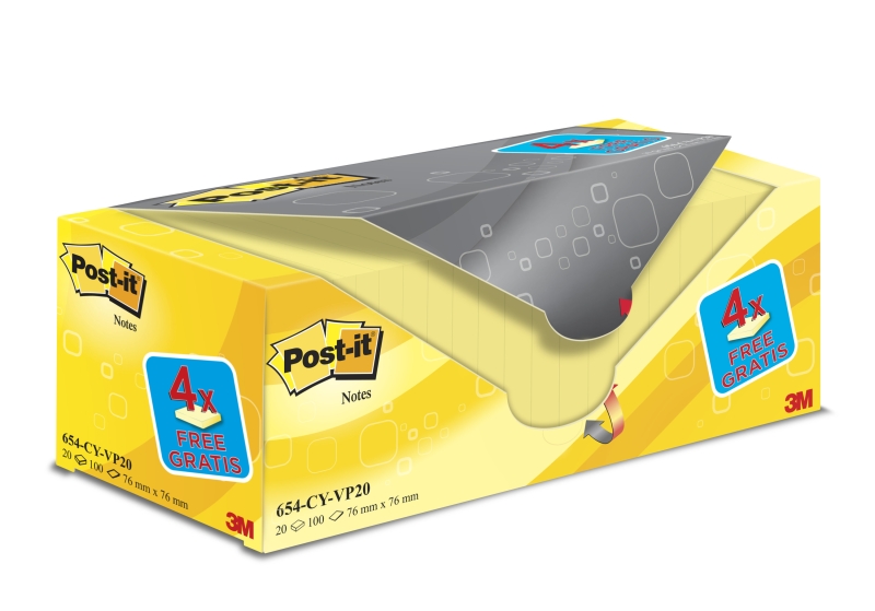 Post-It Confezione da 20 blocchi da 100 foglietti adesivi riposizionabili - Forma quadrata - 76x76 mm - Colore giallo chiaro
