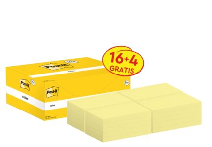 Confezione Post-It da 20 blocchi da 100 foglietti adesivi riposizionabili - Forma rettangolare - 76x127 mm - Colore giallo chiaro
