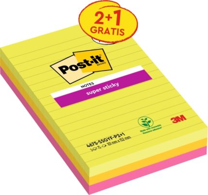 Post-It Super Sticky Confezione da 3 blocchi da 75 foglietti adesivi riposizionabili - Forma rettangolare - 101x152 mm - Colori assortiti