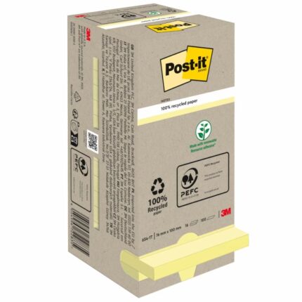 Confezione Post-It da 16 blocchi da 100 foglietti adesivi riciclati - Forma quadrata - 76x76 mm - Colore giallo chiaro