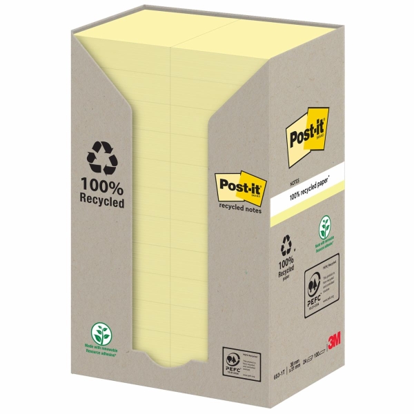 Confezione Post-It da 24 blocchi da 100 foglietti adesivi riciclati - Forma rettangolare - 51x38 mm - Colore giallo chiaro