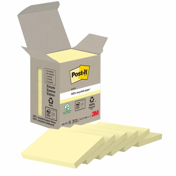 Post-It Confezione da 6 blocchi da 100 foglietti adesivi riciclati - Forma rettangolare - 51x38 mm - Colore giallo chiaro Post-It Confezione da 6 blocchi da 100 foglietti adesivi riciclati - Forma rettangolare - 51x38 mm - Colore giallo chiaro