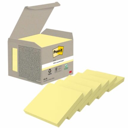 Confezione Post-It da 6 blocchi da 100 foglietti adesivi riciclati - Forma quadrata - 76x76 mm - Colore giallo chiaro