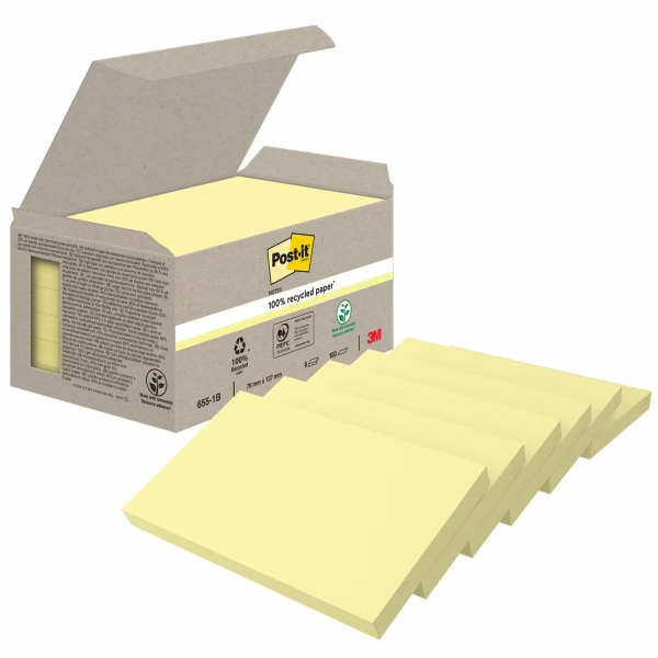 Post-It Confezione da 6 blocchi da 100 foglietti adesivi riciclati - Forma rettangolare - 76x127 mm - Colore giallo chiaro