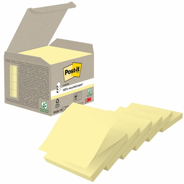 Confezione Post-It da 6 blocchi da 100 Z-Note adesive riciclate - Forma quadrata - 76x76 mm - Colore giallo chiaro