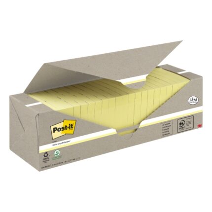 Post-It Confezione da 24 blocchi da 100 foglietti adesivi riciclati - Forma quadrata - 76x76 mm - Colore giallo chiaro