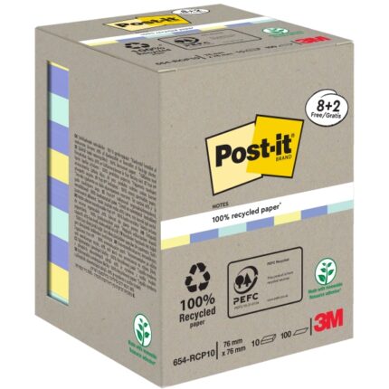 Post-It Confezione da 10 blocchi da 100 foglietti adesivi riciclati - Forma quadrata - 76x76 mm - Colori assortiti