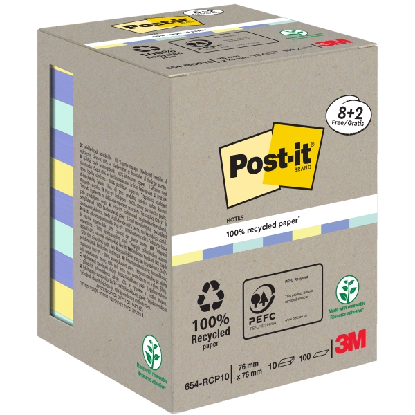 Post-It Confezione da 10 blocchi da 100 foglietti adesivi riciclati - Forma quadrata - 76x76 mm - Colori assortiti