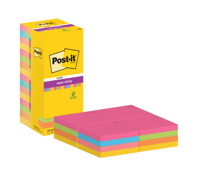 Post-It Super Sticky Confezione da 16 blocchi da 90 foglietti adesivi riposizionabili - 76x76 mm - 100% PEFC - Colori assortiti