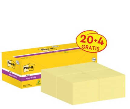 Post-It Super Sticky Confezione da 24 blocchi da 90 foglietti adesivi riposizionabili - 76x76 mm - Promozione 20 blocchi + 4 in omaggio - Confezione in cartone - Colore giallo chiaro