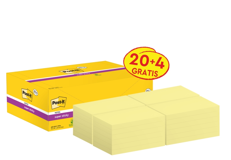 Post-It Super Sticky Confezione da 24 blocchi da 90 Confezione da 24 blocchi da 90 Note adesive riposizionabili - 76x127 mm - Colore giallo chiaro