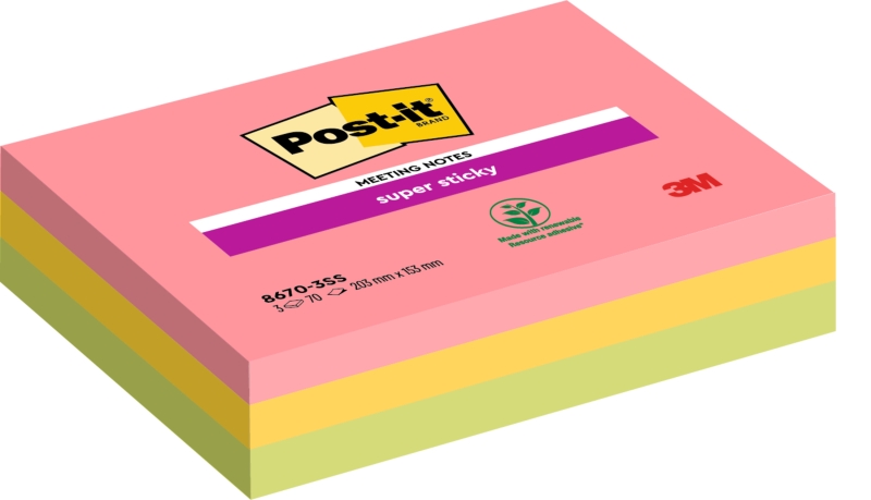 Post-It Super Sticky Confezione da 3 blocchi da 70 foglietti adesivi riposizionabili per riunioni - 203x153 mm - Colori assortiti