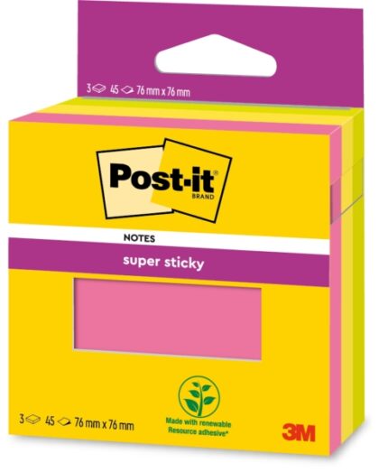 Post-It Super Sticky Confezione da 3 blocchi da 45 foglietti adesivi riposizionabili - 76x76 mm - 100% PEFC - Colori assortiti
