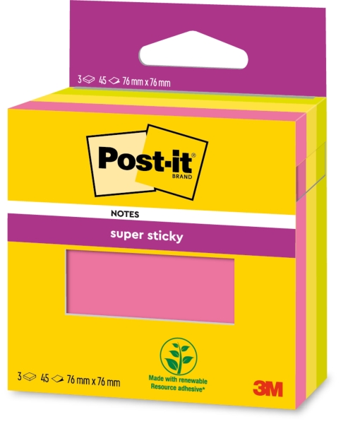Post-It Super Sticky Confezione da 3 blocchi da 45 foglietti adesivi riposizionabili - 76x76 mm - 100% PEFC - Colori assortiti